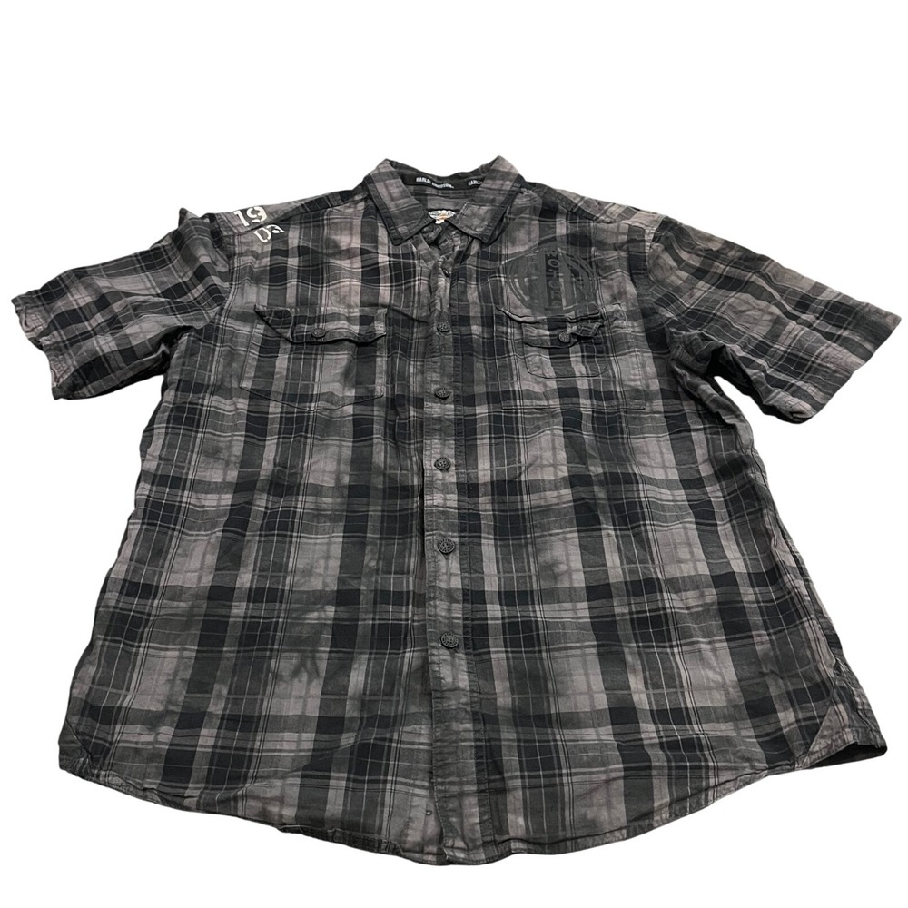 Harley Davidson Button Up Shirt Mens L Black Plaid Short Sleeve Motorclothes